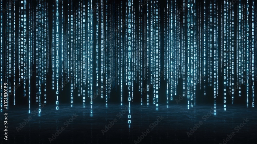 Fototapete Blue binary code pours down in a mesmerizing digital rain, creating an abstract backdrop filled with shimmering stars that enhances its futuristic atmosphere