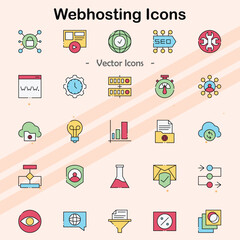 Icons representing web hosting services and technologies.