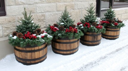 Four beautifully arranged Christmas planters featuring wooden barrels filled with pine trees, pine cones, and red berries create a festive outdoor display during winter