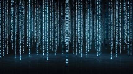 Blue binary code pours down in a mesmerizing digital rain, creating an abstract backdrop filled with shimmering stars that enhances its futuristic atmosphere