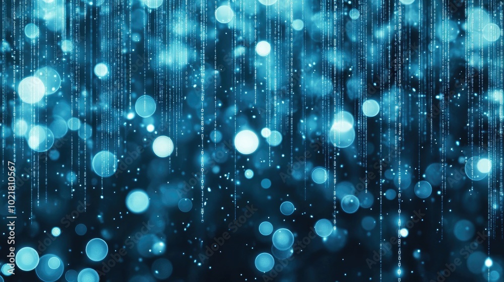 Fototapete Blue binary code pours down in a mesmerizing digital rain, creating an abstract backdrop filled with shimmering stars that enhances its futuristic atmosphere