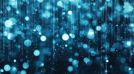 Blue binary code pours down in a mesmerizing digital rain, creating an abstract backdrop filled with shimmering stars that enhances its futuristic atmosphere