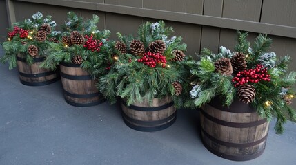 Four beautifully arranged Christmas planters featuring wooden barrels filled with pine trees, pine cones, and red berries create a festive outdoor display during winter