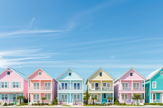 Colorful row of pastel beach houses under a bright blue sky, showcasing vibrant architecture and coastal charm on a sunny day