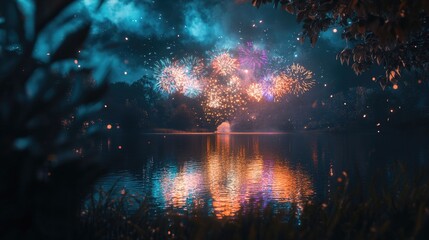 A vibrant fireworks mockup with colorful bursts reflected in a calm river at night