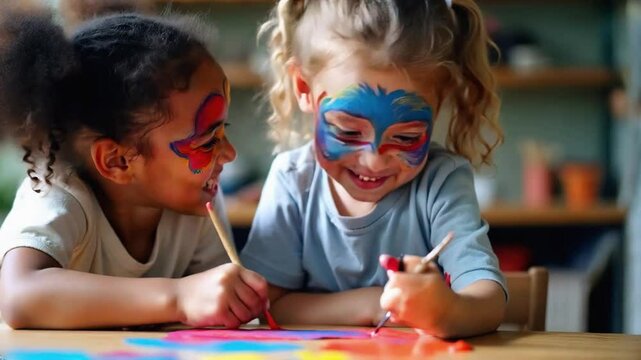Two young girls with colorful face paint focused on painting together, engaging in a creative art activity. Children with Face Paint Engaged in Creative Art Activity, Kids Painting Together