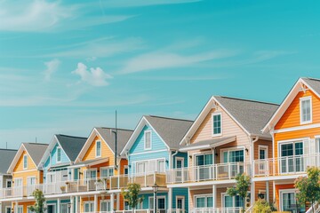 Modern colorful townhouses with balconies under a bright sky, representing vibrant and contemporary coastal living in a picturesque neighborhood