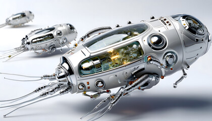 Futuristic nanobots resembling bacteria, with metallic bodies and intricate designs, floating on a sterile white background
