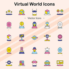 Icons representing virtual worlds and digital environments.