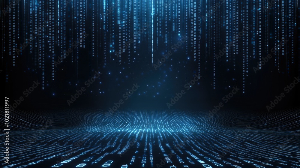 Fototapete Blue binary code pours down in a mesmerizing digital rain, creating an abstract backdrop filled with shimmering stars that enhances its futuristic atmosphere.