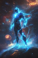 Blue energy superhero standing on a planet in space with planets in the background