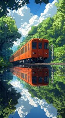 Red Train Through Forest with Reflection in Puddle