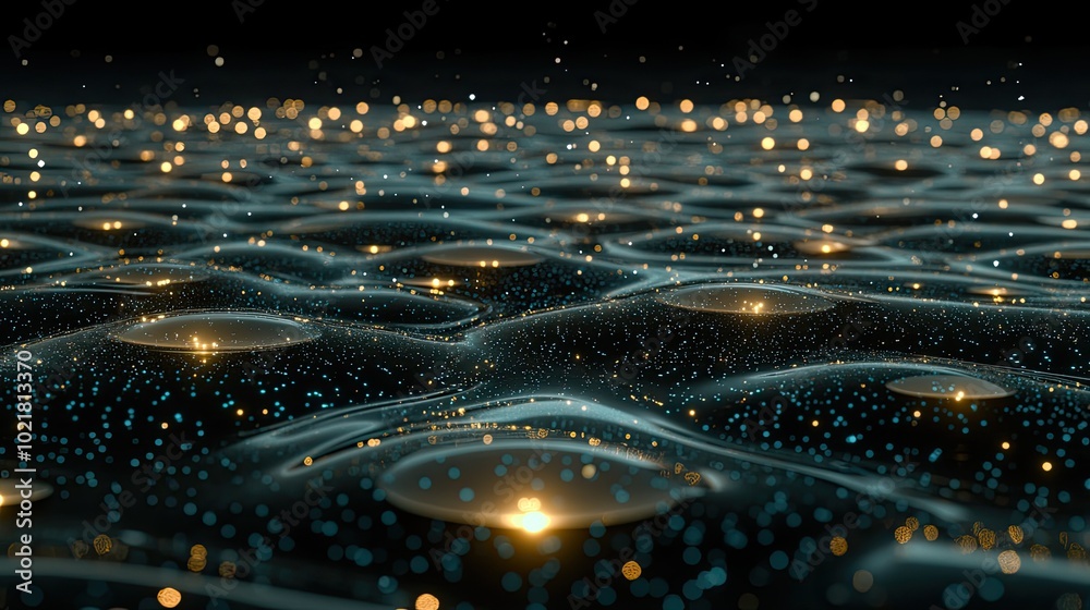 Fototapete Blue binary code pours down in a mesmerizing digital rain, creating an abstract backdrop filled with shimmering stars that enhances its futuristic atmosphere.