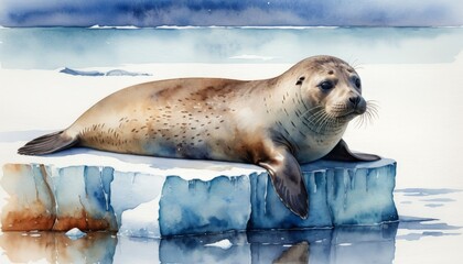 Naklejka premium Contented seal lounging on ice floe in Arctic scene watercolor