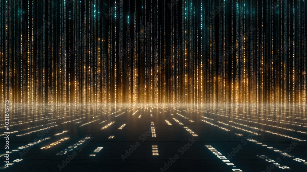 Fototapete Blue binary code pours down in a mesmerizing digital rain, creating an abstract backdrop filled with shimmering stars that enhances its futuristic atmosphere.