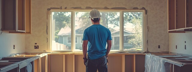 A construction worker wearing a blue shirt and white hard hat is standing in the middle of an unfinished kitchen with windows on one side