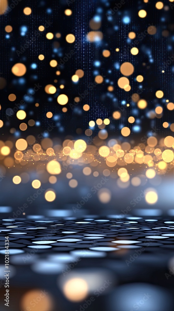 Fototapete Blue binary code pours down in a mesmerizing digital rain, creating an abstract backdrop filled with shimmering stars that enhances its futuristic atmosphere