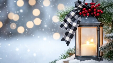 The black lantern features a glowing candle surrounded by vibrant red berries, green pine branches, and plaid accents, creating a warm holiday atmosphere on a porch