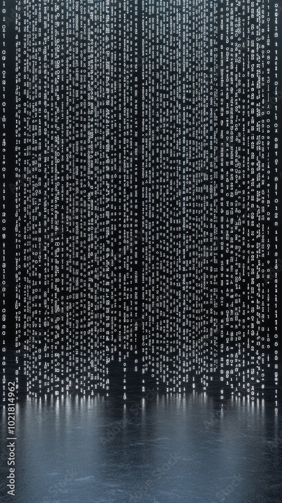 Fototapete Blue binary code pours down in a mesmerizing digital rain, creating an abstract backdrop filled with shimmering stars that enhances its futuristic atmosphere