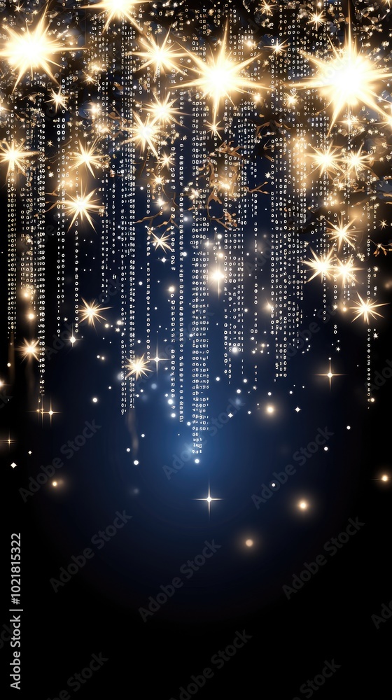 Fototapete Blue binary code pours down in a mesmerizing digital rain, creating an abstract backdrop filled with shimmering stars that enhances its futuristic atmosphere