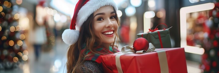 An exuberant woman donning a Santa hat is happily spreading holiday cheer, giving out gifts at a mall, fully embracing the joyful Christmas season, and enhancing the festive atmosphere