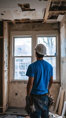 A construction worker wearing a blue shirt and white hard hat is standing in the middle of an unfinished kitchen with windows on one side