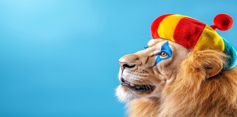 A funny mismatched outfit of a lion on a bright background is the theme of this birthday invitation banner.