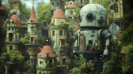 3D Illustration of a Robot Walking through a City of Towers