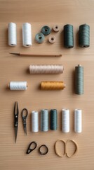 Fototapeta premium Creative Fashion Workspace: Upcycled Charm with Scissors and Sewing Tools