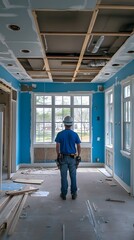 A construction worker wearing a blue shirt and white hard hat is standing in the middle of an unfinished kitchen with windows on one side
