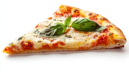   Close-up slice of pizza with green leaf on white background