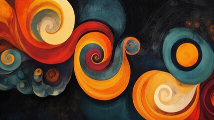 Abstract painting with swirling colors and shapes in warm tones.