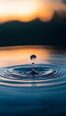 Water Droplet Creates Concentric Ripples, Calm Lake Surface at Sunset, Minimalist Nature