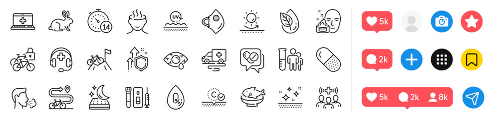 Capsule pill, Animal tested and Medical analyzes line icons pack. Social media icons. Stress, Seafood, Quarantine web icon. No alcohol, Improving safety, Medical drugs pictogram. Vector