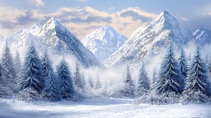   A stunning snow-capped mountain landscape featuring majestic pine trees in the foreground and pristine, snow-covered peaks in the backdrop