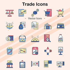 Icons representing global trade and commerce activities.