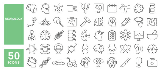 Set of 50 line icons related to neurology, brain, neuron, spinal cord, synapse, mental, neurosurgery, nerve, Editable stroke. Vector illustration