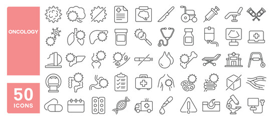Set of 50 line icons related to oncology, cancer, tumor, biopsy, radiotherapy, biopsy, carcinoma, chemotherapy, Editable stroke. Vector illustration
