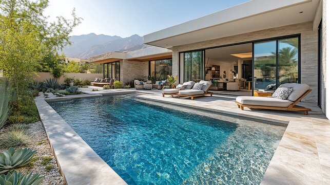 A modern home with a swimming pool and patio in the desert.