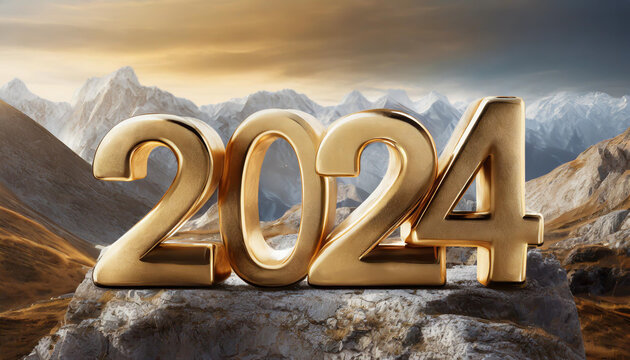 Golden 2024 numerals set against a mountainous landscape at sunrise, symbolizing the new year and fresh beginnings in nature's beauty
