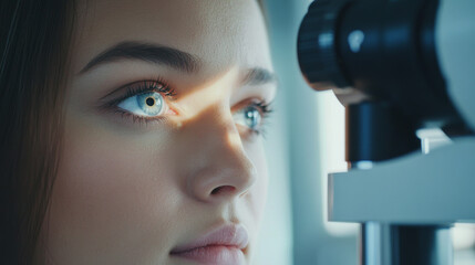 An eye doctor is examining a woman in a clinic. They're checking her eyes and figuring out any problems. The doctor might also treat her eyelids if needed.