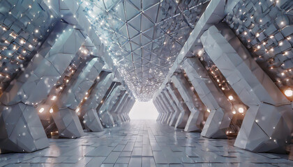 Obraz premium Futuristic corridor with geometric patterns and ambient lighting leading to a bright exit in a modern architectural setting