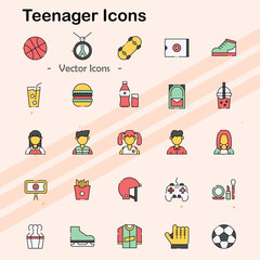 Icons related to teenagers and youth culture.