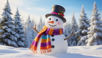 Obraz premium Cheerful snowman with bright scarf enjoying winter wonderland against snowy forest