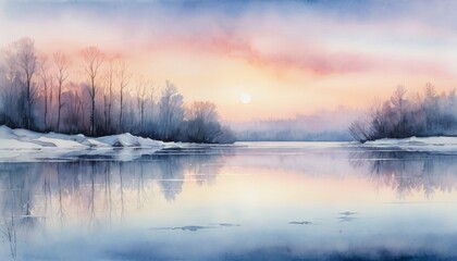 Fototapeta premium Watercolor serene winter landscape with misty river and bare trees against pastel sky