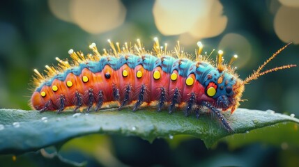 Naklejka premium A colorful caterpillar with yellow, red, blue and black markings crawls on a green leaf with a blurred green background.