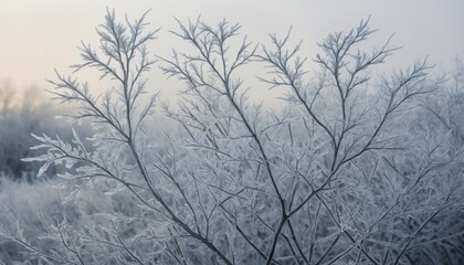 Frosted tree branches forming intricate patterns against misty winter background
