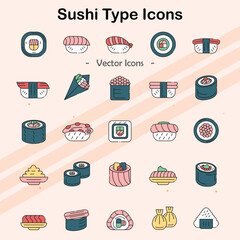 Icons showing various types of sushi and sushi ingredients.