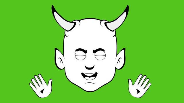 video drawing animation emoji face demon character cartoon illustration, with waving hands gesture, sketch drawn in black and white color. On a green chroma key background