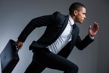 Businessman in Motion: A dynamic image of a determined businessman in a sharp suit and tie, running with purpose, briefcase in hand. The blurred background adds a sense of speed and urgency.